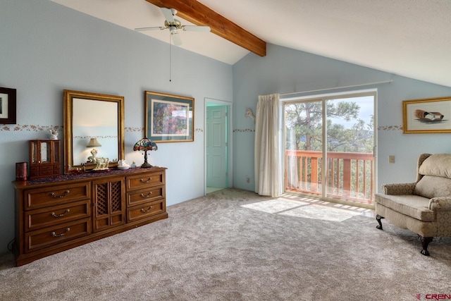 living area with vaulted ceiling with beams, ceiling fan, and light colored carpet