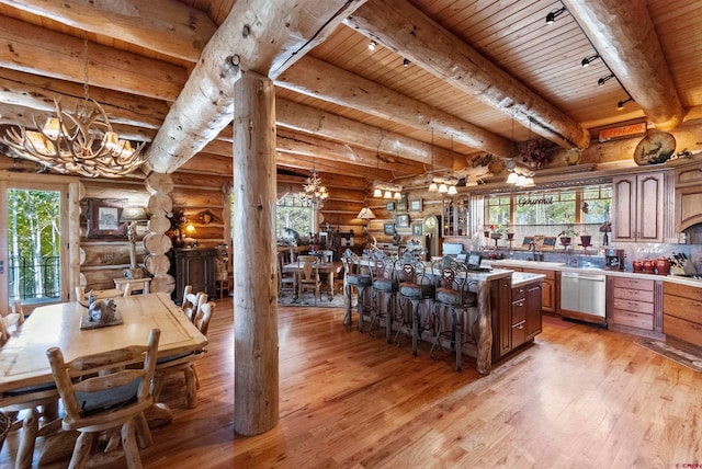 kitchen featuring wooden ceiling, a chandelier, light hardwood / wood-style flooring, beam ceiling, and rustic walls