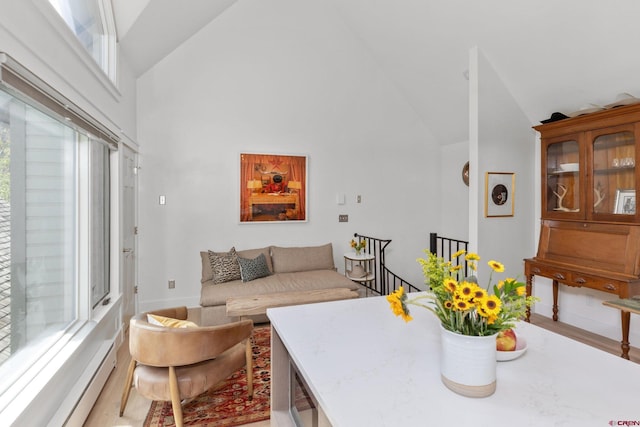 interior space featuring a baseboard heating unit, high vaulted ceiling, and light hardwood / wood-style floors