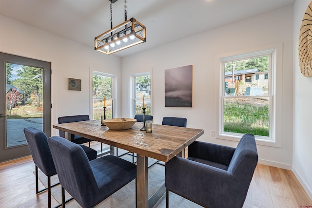 dining area with a chandelier and light wood-type flooring