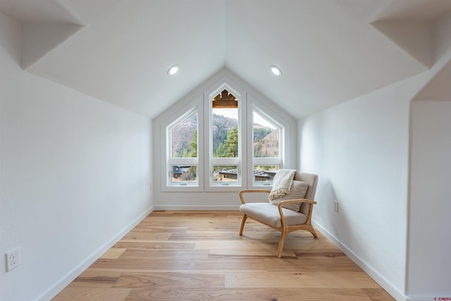 living area with lofted ceiling and light hardwood / wood-style floors