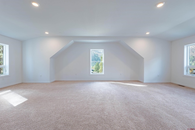 additional living space featuring light carpet, vaulted ceiling, and a healthy amount of sunlight