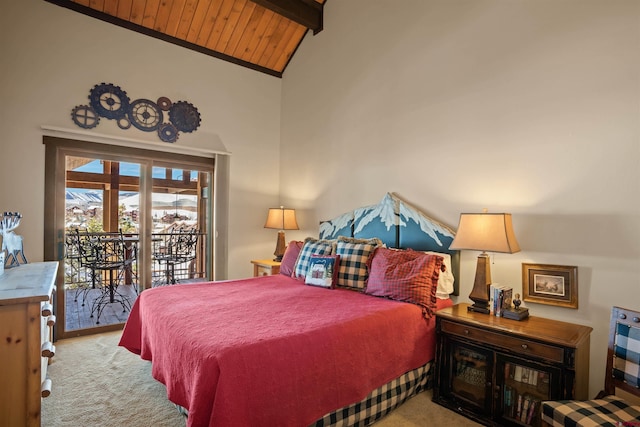 bedroom with high vaulted ceiling, beam ceiling, wooden ceiling, light carpet, and access to outside