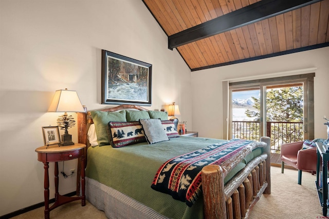 bedroom featuring light carpet, wooden ceiling, access to outside, and lofted ceiling with beams