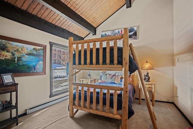 bedroom featuring lofted ceiling with beams, wooden ceiling, light colored carpet, and a baseboard heating unit