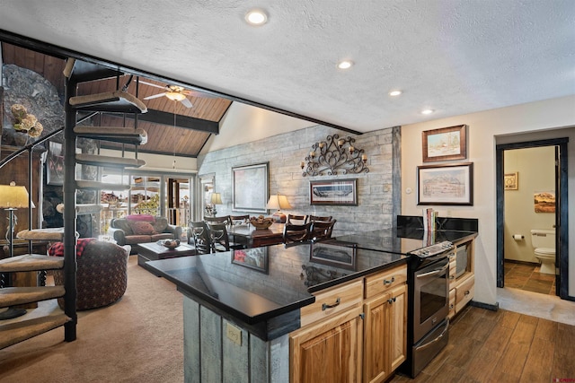 kitchen featuring ceiling fan, a textured ceiling, dark carpet, vaulted ceiling, and stainless steel electric stove