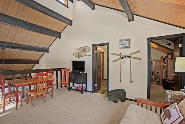 recreation room featuring ceiling fan, high vaulted ceiling, beam ceiling, and carpet