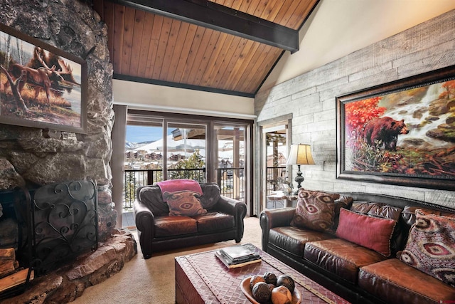 carpeted living room with high vaulted ceiling, beam ceiling, wooden ceiling, and a fireplace