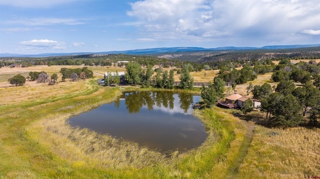 drone / aerial view featuring a rural view and a water and mountain view