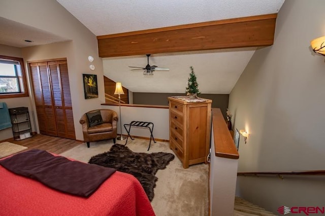 bedroom featuring light wood-type flooring, ceiling fan, vaulted ceiling, and a closet