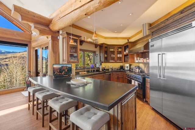 103 Double Eagle Way, Mountain Village, CO 81435 - kitchen featuring hanging light fixtures, a kitchen breakfast bar, light hardwood / wood-style flooring, tasteful backsplash, and high quality appliances