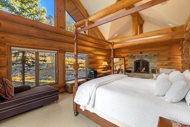 103 Double Eagle Way, Mountain Village, CO 81435 - bedroom featuring light carpet, a fireplace, high vaulted ceiling, beam ceiling, and rustic walls