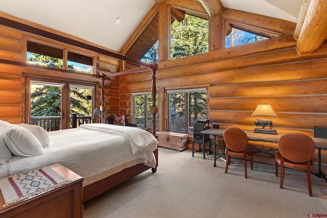 103 Double Eagle Way, Mountain Village, CO 81435 - bedroom featuring rustic walls, high vaulted ceiling, light colored carpet, and multiple windows