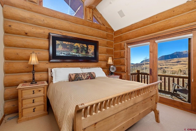 103 Double Eagle Way, Mountain Village, CO 81435 - carpeted bedroom featuring lofted ceiling with beams, log walls, and a mountain view