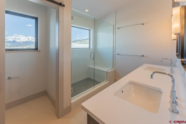 bathroom featuring vanity and an enclosed shower