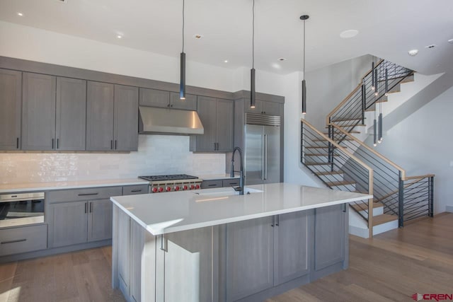 kitchen with hardwood / wood-style floors, an island with sink, sink, hanging light fixtures, and built in appliances