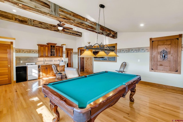 recreation room featuring light hardwood / wood-style floors, pool table, lofted ceiling with beams, and ceiling fan