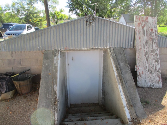 view of entry to storm shelter