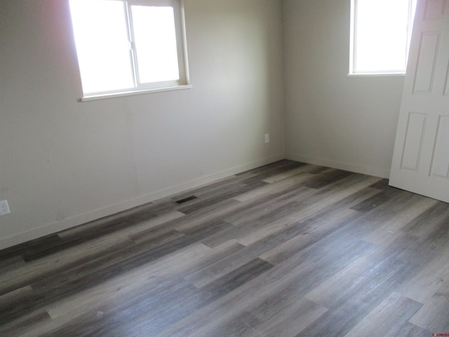 spare room featuring plenty of natural light and dark hardwood / wood-style floors