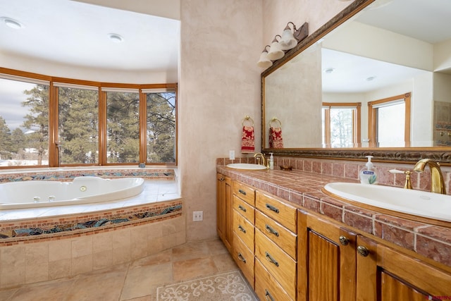 bathroom with tile flooring and dual vanity