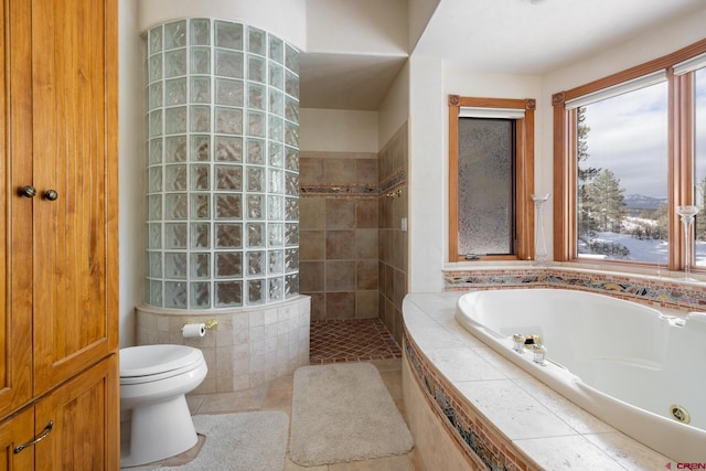 bathroom with toilet, a healthy amount of sunlight, and tiled tub