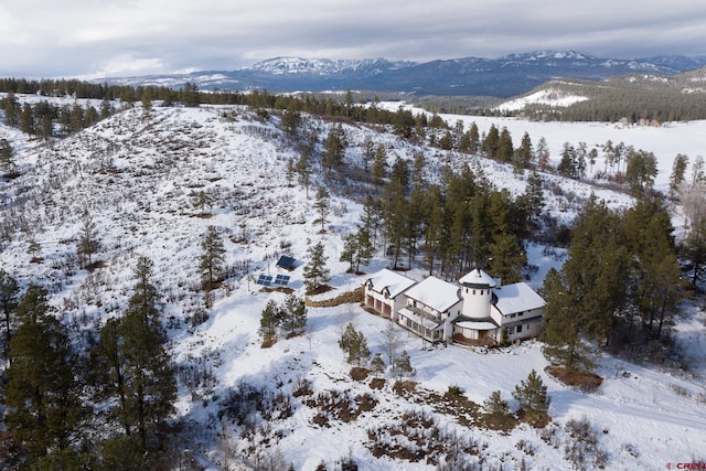 snowy aerial view featuring a mountain view