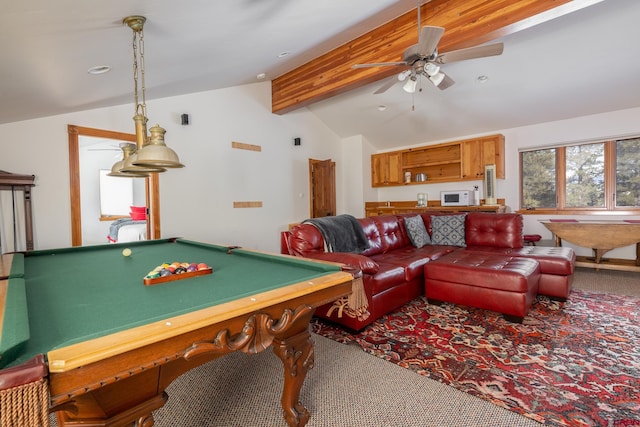 playroom with vaulted ceiling with beams, carpet floors, ceiling fan, and pool table