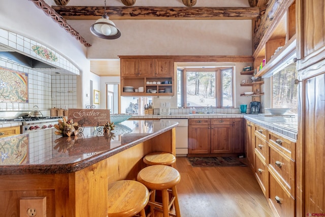 kitchen with hanging light fixtures, backsplash, a kitchen bar, light wood-type flooring, and dishwasher