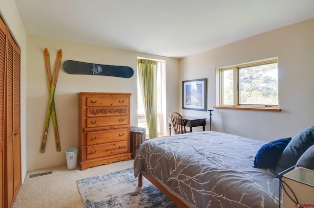 carpeted bedroom with a closet