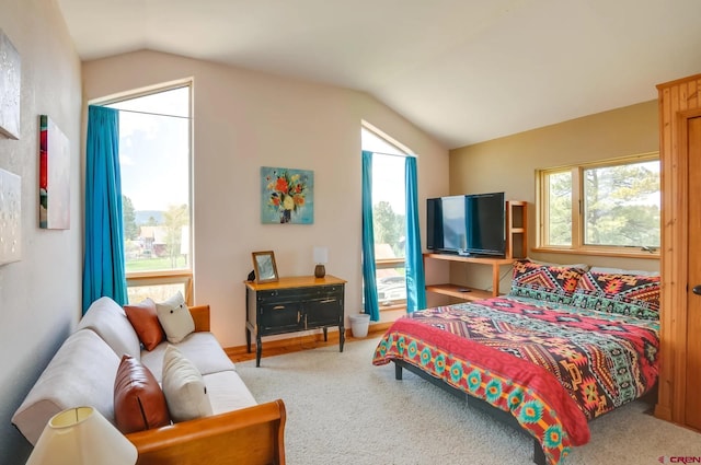 carpeted bedroom with lofted ceiling and multiple windows