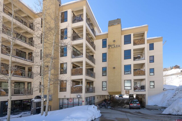 view of snow covered building