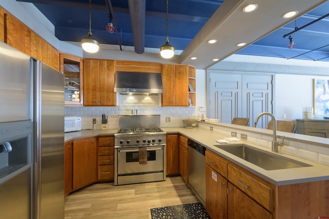 kitchen with appliances with stainless steel finishes, light hardwood / wood-style flooring, backsplash, wall chimney range hood, and sink