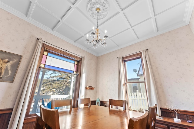 dining room with coffered ceiling and a chandelier