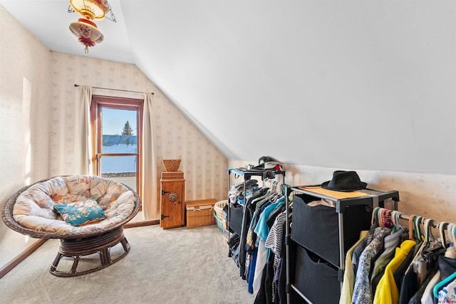 carpeted bedroom featuring lofted ceiling