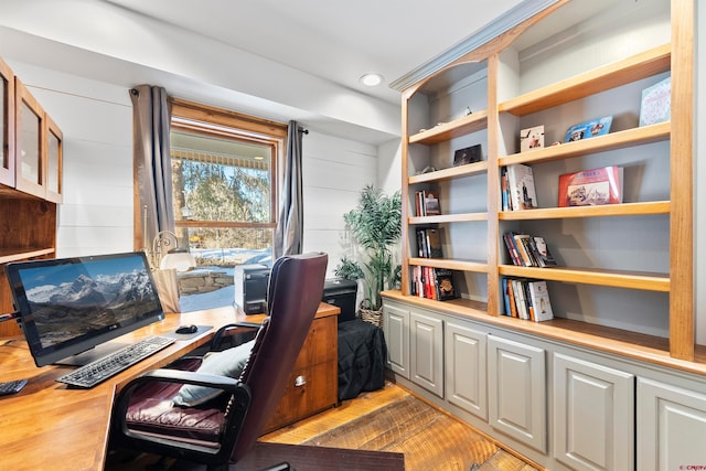 home office featuring light hardwood / wood-style floors