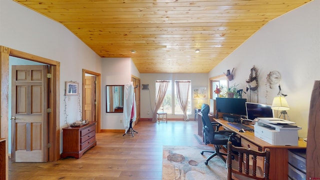 office space with vaulted ceiling, light hardwood / wood-style flooring, and wood ceiling