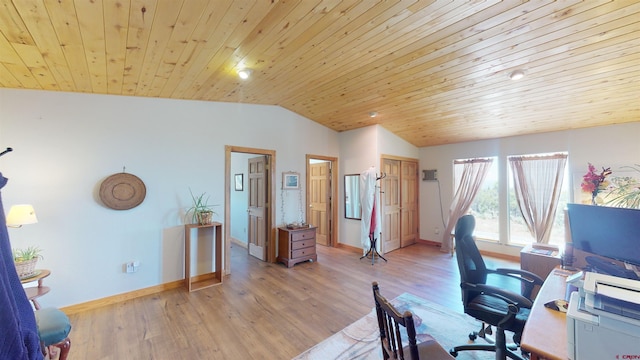 office space featuring light hardwood / wood-style flooring, lofted ceiling, and wood ceiling