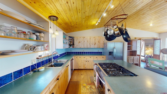 kitchen with vaulted ceiling, decorative light fixtures, appliances with stainless steel finishes, and track lighting