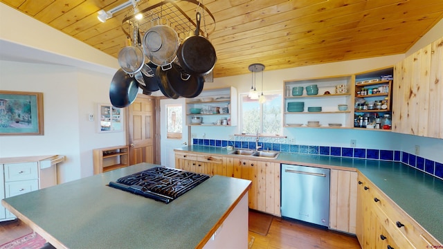 kitchen with stainless steel dishwasher, vaulted ceiling, decorative light fixtures, sink, and wood ceiling