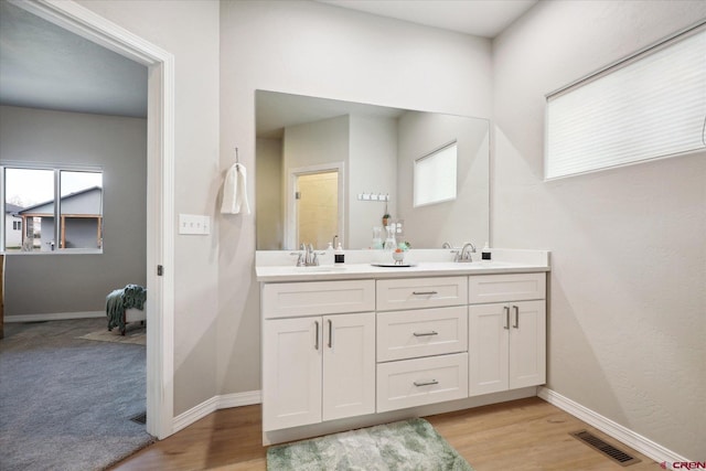 bathroom with hardwood / wood-style floors and dual bowl vanity