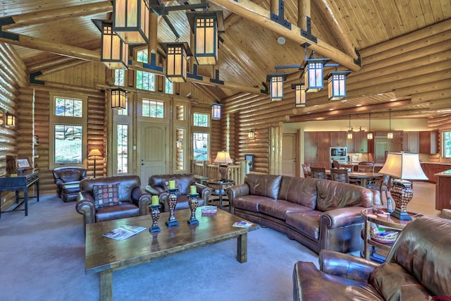 carpeted living room featuring plenty of natural light, rustic walls, and high vaulted ceiling