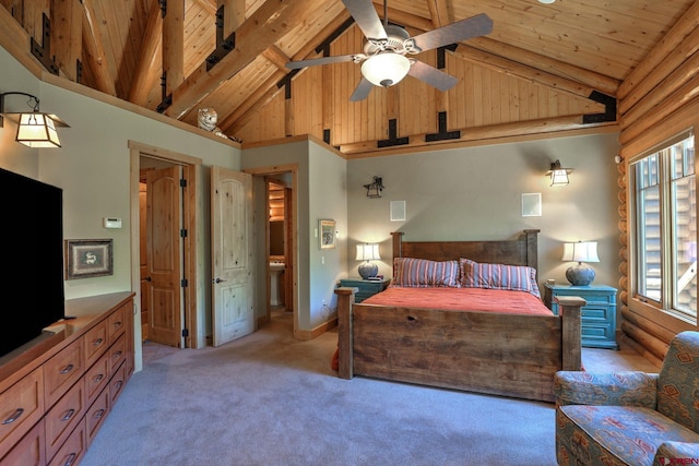 bedroom featuring light carpet, high vaulted ceiling, and beamed ceiling