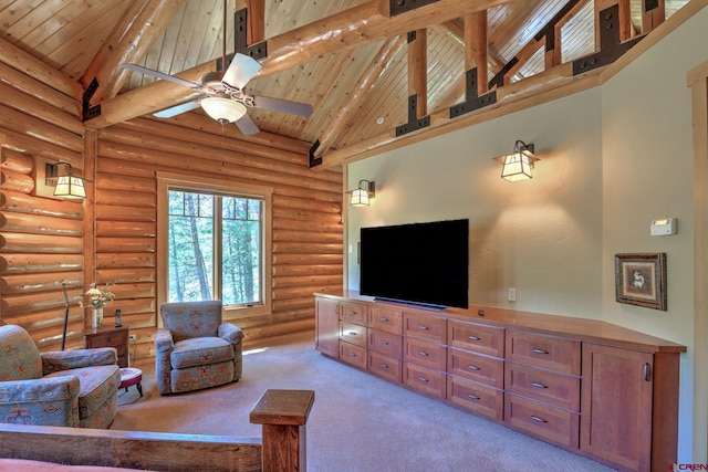 living room with high vaulted ceiling, log walls, ceiling fan, wood ceiling, and light carpet