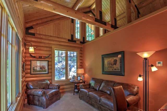 living room with high vaulted ceiling, wood ceiling, beam ceiling, and rustic walls