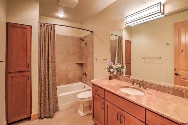 full bathroom featuring toilet, shower / bathtub combination with curtain, tile flooring, and oversized vanity