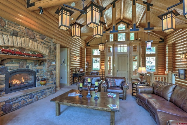 living room featuring carpet, rustic walls, a stone fireplace, and high vaulted ceiling