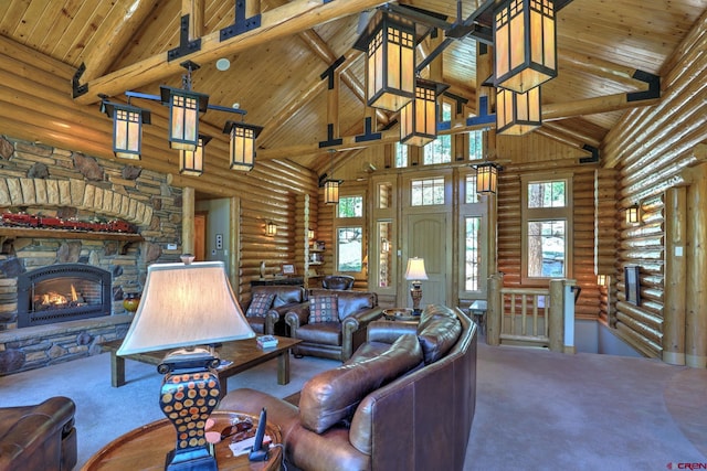 carpeted living room with rustic walls, wooden ceiling, high vaulted ceiling, and a fireplace