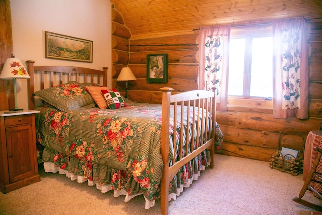 carpeted bedroom featuring log walls, wooden ceiling, and vaulted ceiling