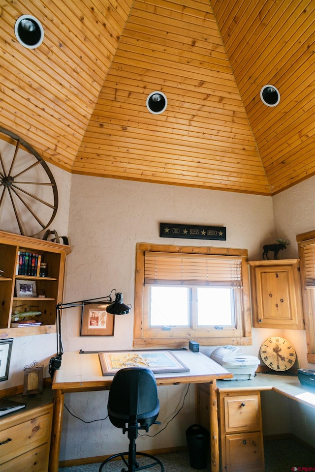 home office with lofted ceiling and wooden ceiling