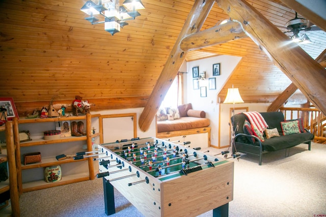 playroom featuring carpet, wooden walls, wood ceiling, and lofted ceiling